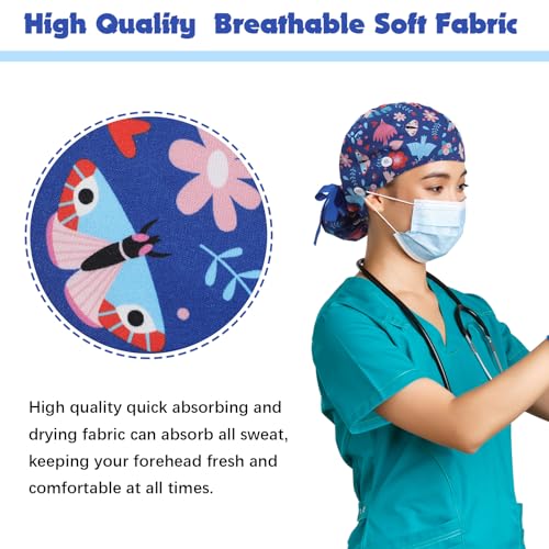 Image of 6 Pcs Scrub Caps for Women Doctor Nursing Hats with Buttons Adjustable Tie Back Working Cap Bouffant Scrub Hats for Women Men