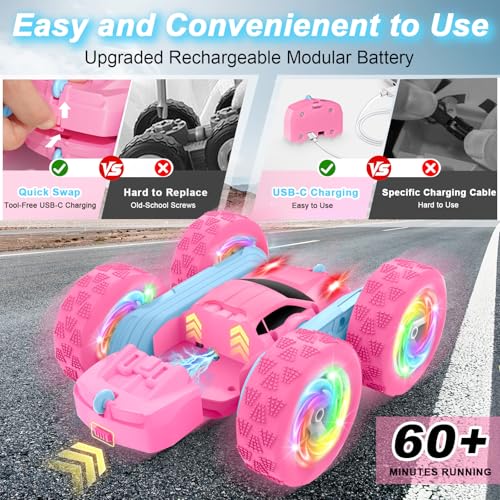 Image of Remote Control Car, RC Cars for Girls, 2.4 GHz Double Sided RC Crawler with Upgraded USB-C Modular Battery, 360Rotating Car Toys for 6 7 8 9 10 11 12 Year Old Girl Birthday Gift PinkBlue