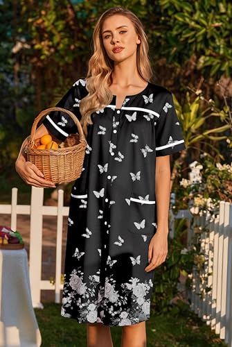Image of Ekouaer Nightgowns for Women House Dress with Pockets Button Down Sleepshirt Short Sleeve Nightshirt Housecoat