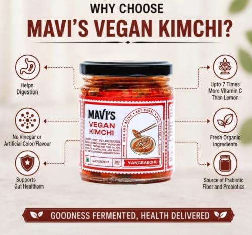 Image of MAVI's Veg Kimchi | Korean Cabbage Kimchi | Artisanal Probiotic Pickle | Vegan | No Preservatives, No Artificial Flavour or Colour | Pack of 1 (200g)