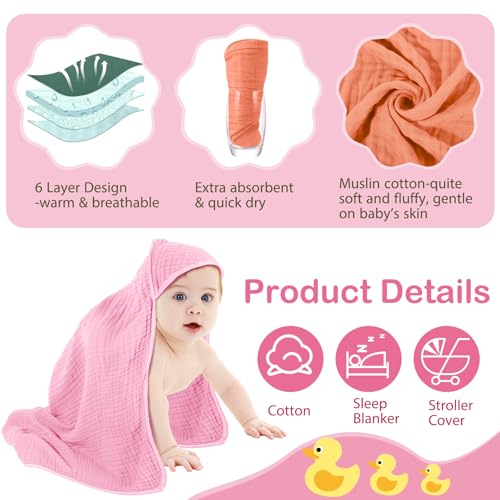 Image of Peryiter 4 Pcs Muslin Hooded Baby Towels, 32 inchx 32 inch Cotton Newborn Bath Towel Muslin Infant Baby Blankets Absorbent Unisex Newborn Registry Gift Essentials for Girls Boys (Warm Colors)