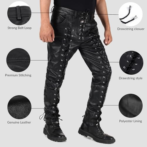 Laverapelle Men's Genuine Lambskin Leather Pants (Black, Laced Leather Pants) - 23040023