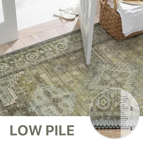 GENIMO Runner Rug 2x6 Non Slip Machine Washable Vintage Hallway Runner Rugs, Low Pile Lightweight Mat for Living Room, Entryway, Bedroom, Kitchen and Corridor, Distressed Sage