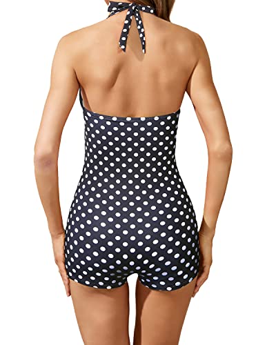 Image of Tempt Me Women Tummy Control One Piece Swimsuits with Shorts Boyleg Retro Bathing Suit Halter Swimwear