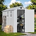 Devoko 4×8 FT Resin Storage Shed with Floor, Garden Plastic Outdoor Shed with Window and Lockable Door, Waterproof Outside Tool shed for Backyard Patio, Light Grey