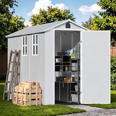 Devoko 4×8 FT Resin Storage Shed with Floor, Garden Plastic Outdoor Shed with Window and Lockable Door, Waterproof Outside Tool shed for Backyard Patio, Light Grey