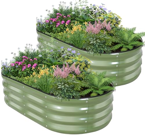 BIRDSINYARD Galvanized Raised Garden Bed - 4×2×1ft (2 Packs) Planter Raised Beds for Gardening | Oval Metal Garden Planter Box with Safety Edging and Gloves for Vegetables Fruits and Flower OliveGreen