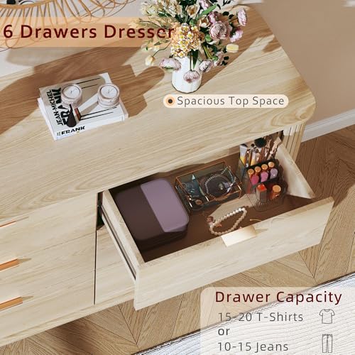 Fluted-6-Drawers-Dresser-for-Bedroom-Mid-Century-Modern-Closet-Dresser-Chests-of-Drawers-Curved-Profile-Design-Dresser-TV-Stand-Wood-Storage-Dresser-for-Bedroom-Entryway-Hallway-Oak Fluted 6 Drawers Dresser for Bedroom Mid Century Modern Closet Dresser Chests of Drawers Curved Profile Design Dresser TV Stand Wood Storage Dresser for Bedroom Entryway Hallway Oak