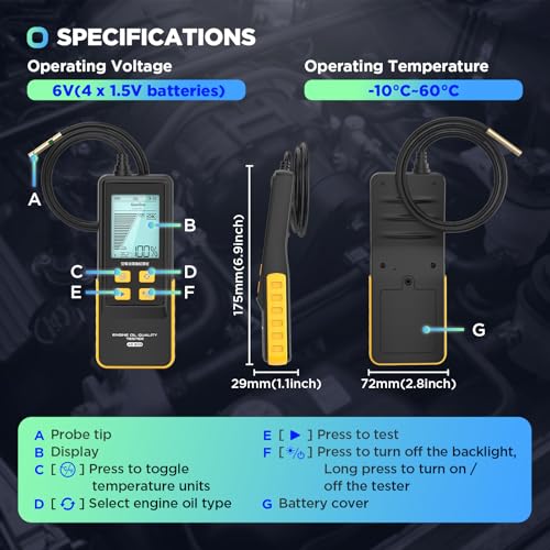 AS503 Motoröltester-Kit, Qualitätstestkit für Benzin- und Dieselmotoröl, Transmissions- und Temperaturanalysedetektor mit 31,5 Zoll flexibler Sonde, 2,8 Zoll Display mit Hintergrundbeleuchtung