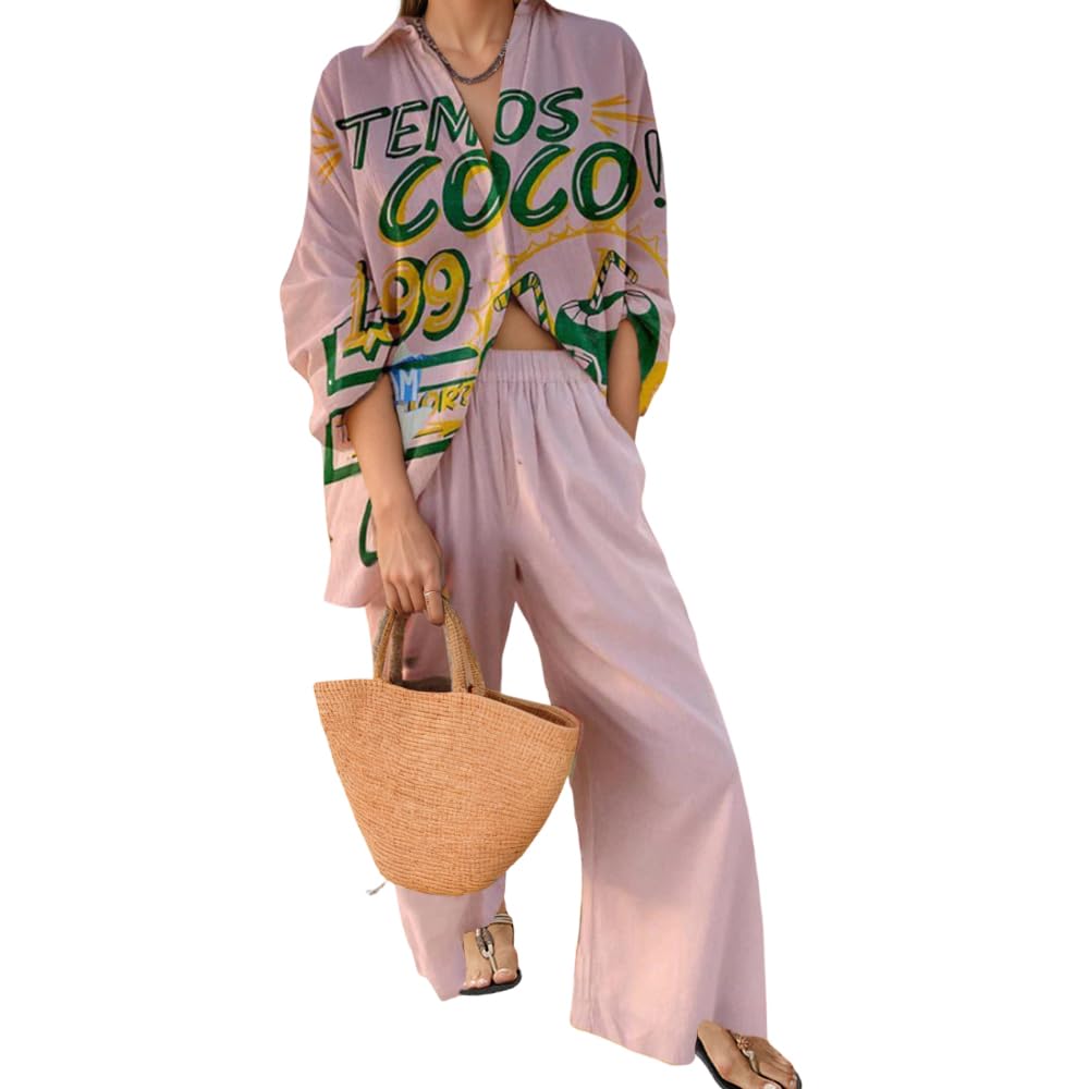 Womens Vacation Floral 2 Piece Sets Beach Button Down Long Sleeve Shirt Tops and Wide Leg Long Pants