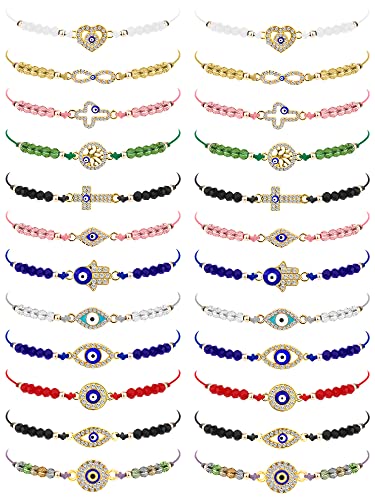 24 Pieces Evil Eye Bracelets Evil Eye Jewelry Bracelet Mexican Bracelets Mal De Ojo Bracelets Adjustable Handmade Bracelet Heart Evil Eye Charm Bracelet for Women Men (Charming Style)