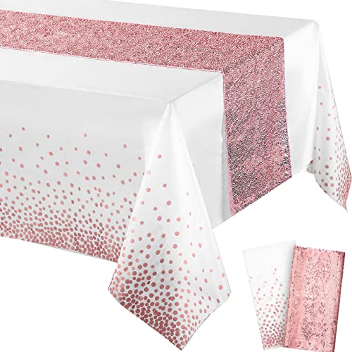 Image of Irenare 2 Pcs White and Rose Gold Tablecloth and Sequin Table Runner Set Polka Dots Confetti Table Cover Dining Plastic Tablecloths Glitter Decorations for Birthday Wedding Anniversary Party Supplies