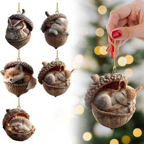Forest Animal Acorn Ornaments Cozy Forest Christmas Ornaments(2D Plane), Woodland Creature Decor(2D Plane), Xmas Decorations for Hanging on Christmas Trees, Fireplaces, Doors and Outdoor (5 Set)