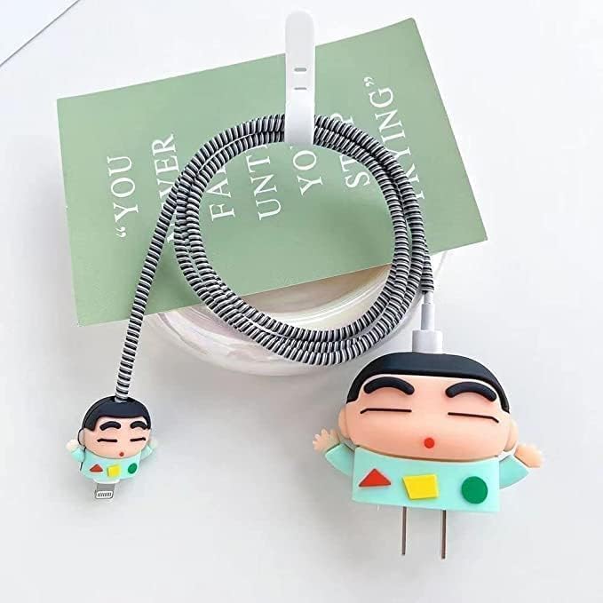 Image of PHONE PALACE 4 in 1 Compatible with Apple iPhone Charger Case Cover | Silicon Charger Case Cover for Apple 18-20W 360 Degree Protection Case with Wire Saver ((Blue Shinchan))
