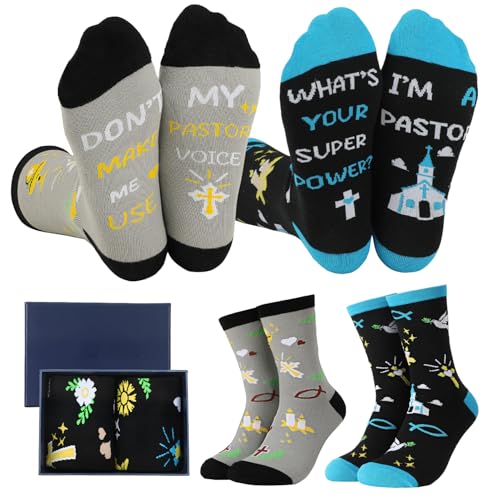 scenicamp 2 Pairs Pastor Appreciation Gifts Christian Bible Jesus Socks with Box Religious Pastor Gifts for Men Jesus Lovers Gray Black Black Blue