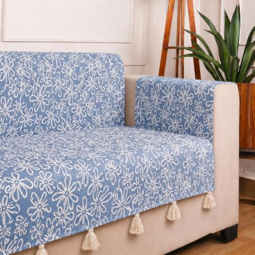 Image of STITCHNEST 'Verdant Phool Stories' 1 Seater Sofa Cover | Full Coverage with Armrest Pockets | Elegant Jacquard Fabric, Decorative Tassels, Washable & Durable for Modern Living
