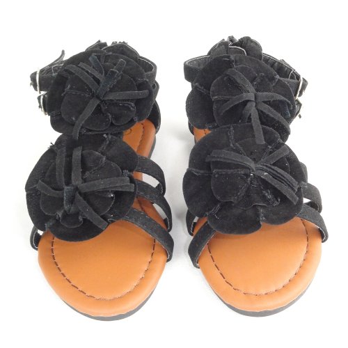 Girl's T-Strap Flower Rosette Gladiator Flat Sandals Black, 9-42