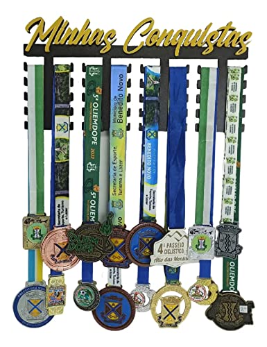Quadro Porta Medalhas Grande para 30 Medalhes - Expositor Minhas Conquistas de MDF Preto e Acrílico Dourado