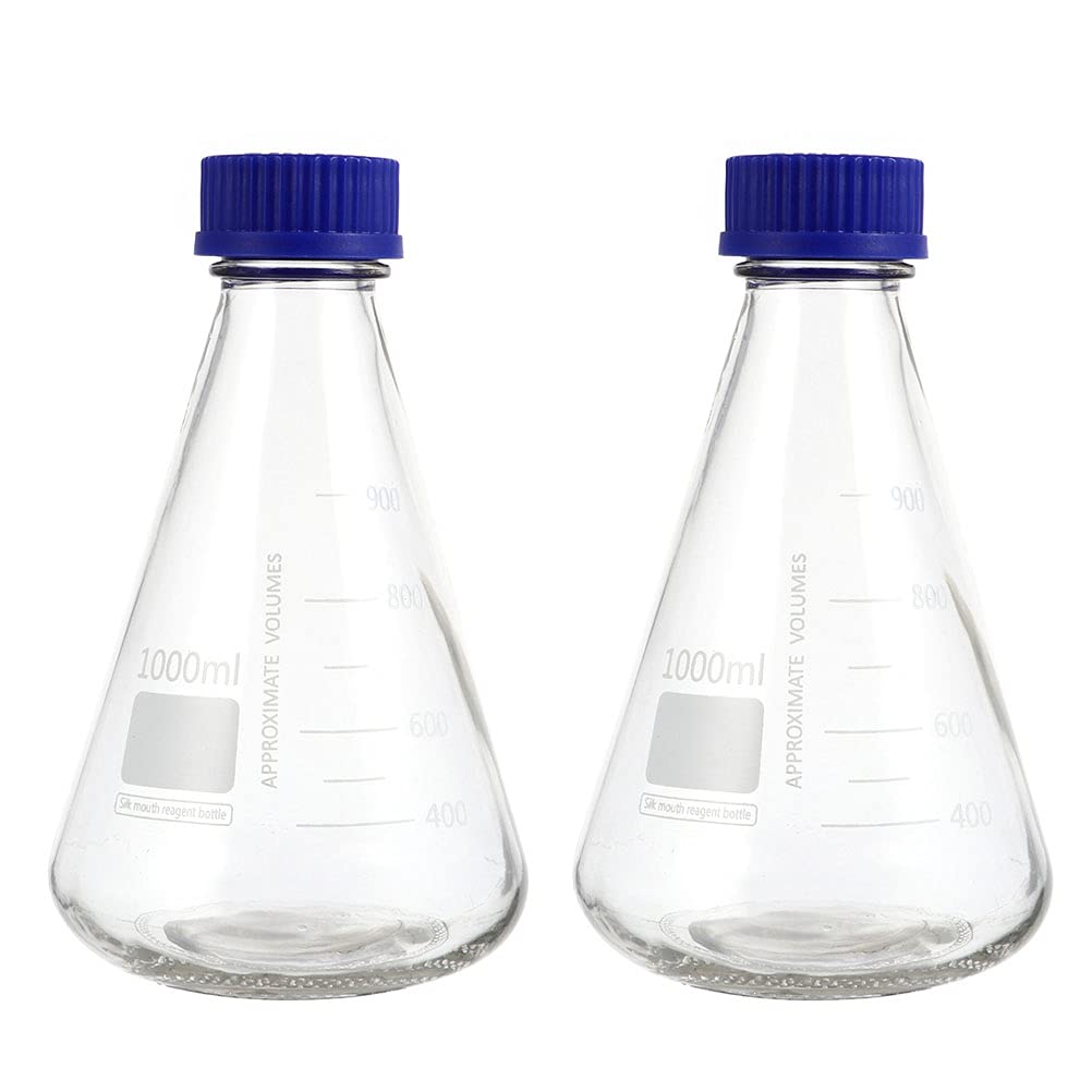 Beute Coniche in Vetro da 1000ml 2 Pezzi Scala Graduata, Bottiglie Sperimentali per Laboratorio Scientifico, Strumenti per Esperimenti Didattici e Professionali