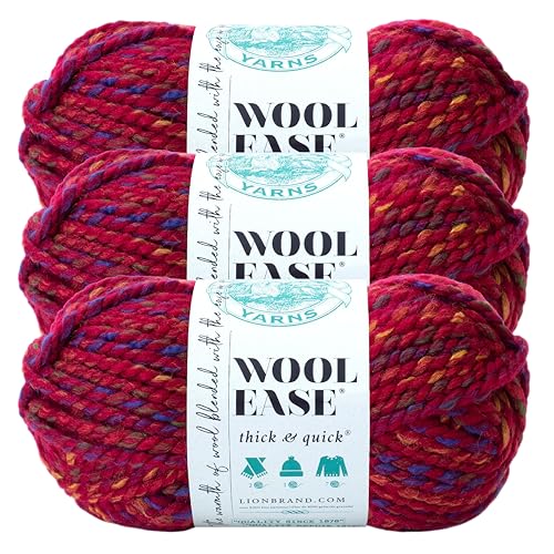 Image of Lion Brand Yarn, Wool-Ease Thick & Quick Yarn, Campfire Red Stripes, 3 Pack | Super Bulky Wool Acrylic Blend Fiber for Soft Hats, Sweaters, Chunky Blankets, Yarn for Crochet, Knitting, Crafts, Weaving