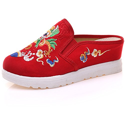 Qhome Women's Canvas Chinese Dragon Embroidery Comfortable Casual Mules House Slippers Shoes