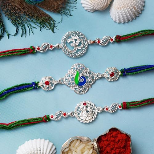 Image of eCraftIndia Set of 3 Peacock, Om, Lord Ganesha Religious Rakhis, Best Bro Ever Fridge Magnet with Roli Chawal Pack - Rakhis for Brother, Bhabhi, Kids