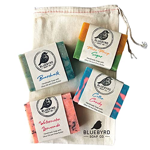BLUEBYRD Soap Co. Natural Kids Soap Bars Variety Pack of 4 | Childrens Bar Soap Variety Set of Four | Body Wash Bar for Teens & Kids | Colorful Kids Soap Bars with Gift Bag | Kid Soap Made in the USA with Organic and Natural Ingredients | Four Soap B