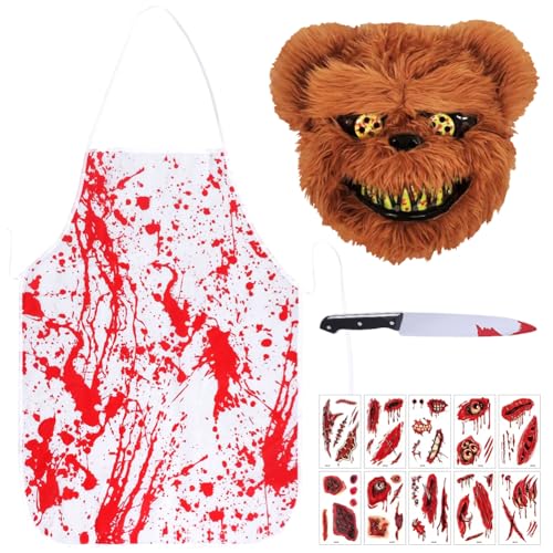 Dia das Bruxas Horror Set, disfarce de açougueiro terror para Halloween, máscara de sangrento, avental sangrento, faca sangrenta, autocolantes ciclicatriciais, adultos e adolescentes tamanho único