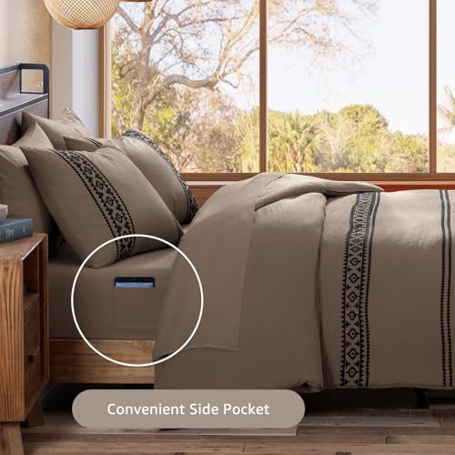 Image of MaiReve Embroidery Queen Comforter Set 7 Pieces Taupe Grey Bed in a Bag