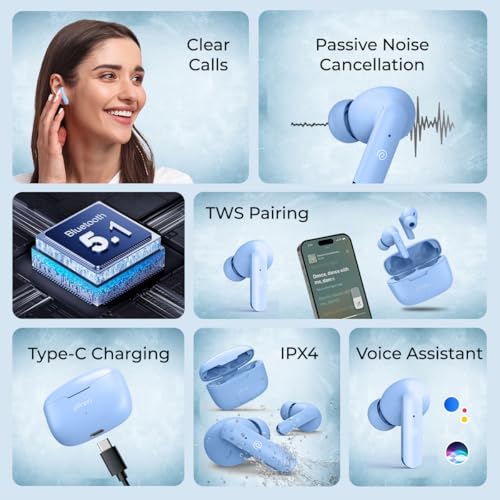 Image of pTron Basspods P81 in-Ear Wireless Earbuds, Pristine Sound, 32Hrs Playtime, Clear Calls TWS Earbuds, Bluetooth V5.1 Headphone, Type-C Fast Charging, Voice Assist & IPX4 Water Resistant (Blue Matt)
