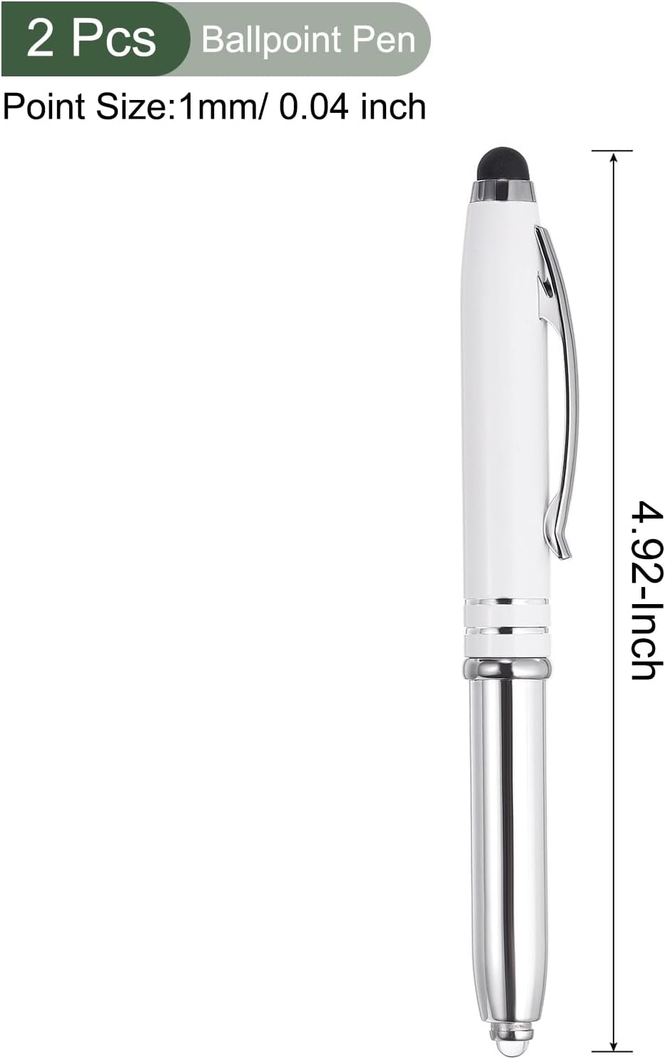 YOKIVE 2 Pcs Ballpoint Pen with Stylus Tip and LED Flashlight, 3 in 1 Black Ink Metal Shell Pen 1.0mm Pen Tip, Great for Touch Screen, Office, Home, Writing, Studio, Drawing(125mm, White)