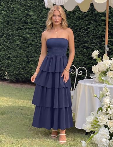 Image of ZESICA Women's Summer Boho Strapless Maxi Dress 2026 Casual Sleeveless Off Shoulder Smocked Tiered Beach Long Sundress