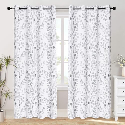 Image of MYSKY HOME Grey Printed Curtains 84 Inch Length 2 Panels for Living Room | Thermal Insulated Privacy Protection, Gray Botanical Patterned Window Drapes for Bedroom Farmhouse, Each Panel 52 inch W, Grommet
