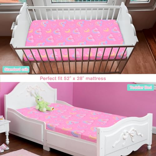 Image of JISEN Baby Crib Sheets Soft Breathable Pink Rainbows Fitted Crib Sheets Baby Sheet for Standard Crib and Toddler Mattress Baby Bed Sheets for Crib for Baby Boys Girls Neutral 52x28 Inch