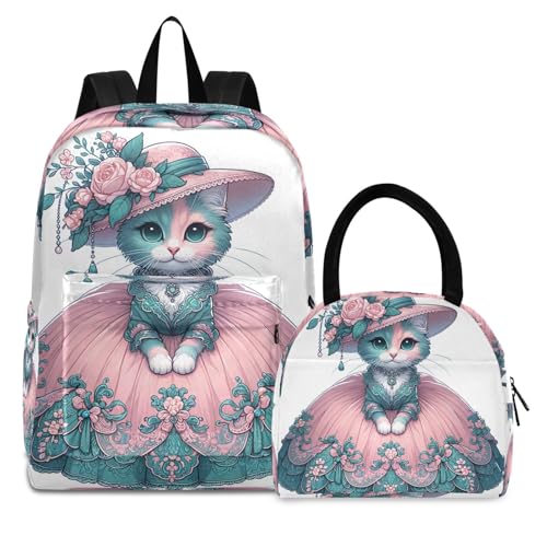 Kids Bookbags Insulated Waterproof Backpack, Girls Backpack with Lunchbox, Funny Kitten Fashion Cat
