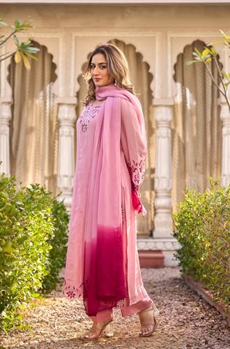 Image of GoSriKi Kurta Sets for Women Viscose Embroidered | Kurti Set for Woman | Straight Kurta Palazzo Dupatta Set | 3 Piece Set Women | Round Neck V-Slit Full Sleeve Stylish Ethnic Outfit Clothing