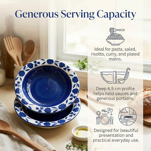 Image of Ceramic Pasta Bowls Set of 2 | 7 Inch Handmade Deep Soup Plates | Microwave Oven Safe Serving Bowls | Floral Hand-Painted Stoneware Salad Bowls (2, Blue & White)