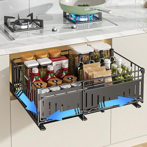 HABITELLO Tiroir Coulissant Extensible Organisateur Tiroir Cuisine Rangement Sous Evier Range-Épices en Métal Gain de Place Maximal, Largeur Réglable 32.5-50 cm...