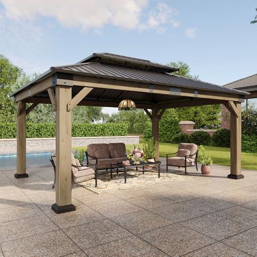 Image of Aoxun 12' x 16' Outdoor Wood Gazebo, Hardtop Gazebo Permanent Wooden Pavilion with Galvanized Steel Double Roof, for Patio, Garden, Backyard, Cedar Wood, Grey