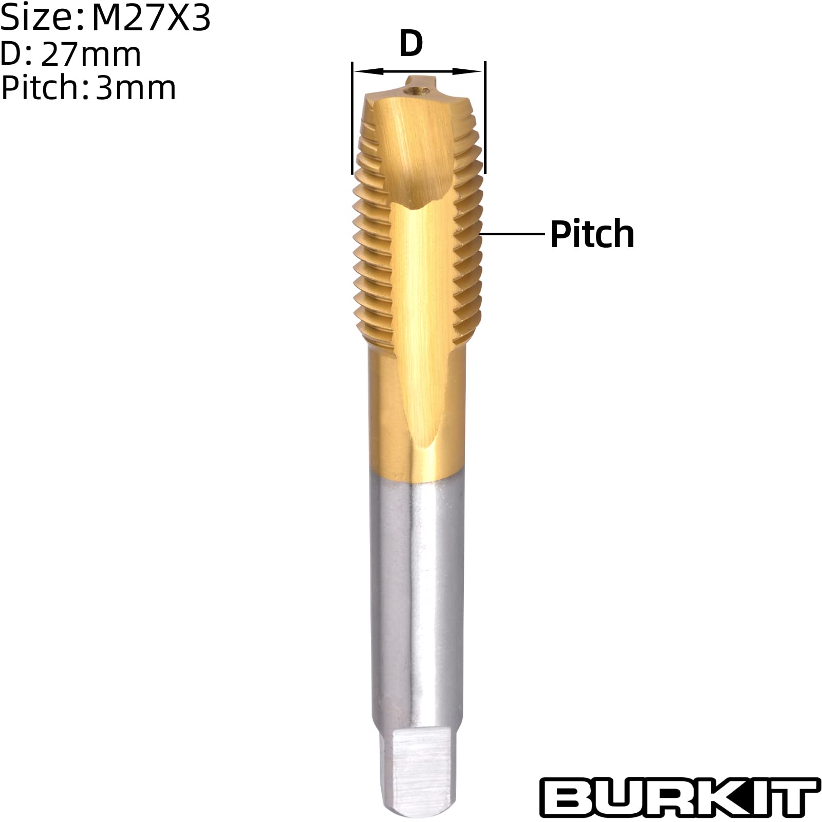 Burkit Grifo de punta espiral M27, revestimiento de titanio HSS M27 x 3 grifo de rosca de enchufe espiral