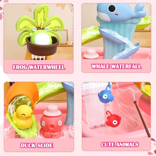 Water Table for Toddlers 1-3, Kids Play Sink for Toddlers with Pump, Whale Slide, Waterfall Shower & Pretend Kitchen Accessories, Summer Baby Water Toy for Outdoor Backyard Sensory Play (Pink) by HENNAED - Used condition - Image 4