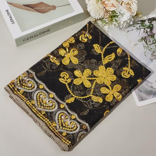 Black Floral Lace Embroidered Shawl Wraps Gold Sparkly Beaded Sequin Scarf Cape Flower Leaf Vine Pattern Vintage 1920S Long Sheer Pashmina Shawls for Women Evening Dress Wedding Bridal Party3