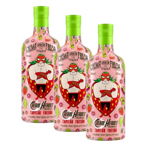 CREAM HEROES | Crema de Fresa con Tequila | 70 cl/700 ml | Capitán Fresón (Paquete de 3)