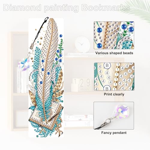 Image of 4-Pack 5D Diamond Painting Bookmarks Kit, Peacock Feather DIY Diamond Art Bookmarks with Rhinestones and Tassels, Creative Bookmark Making Set for Adults, Gift for Book Lovers