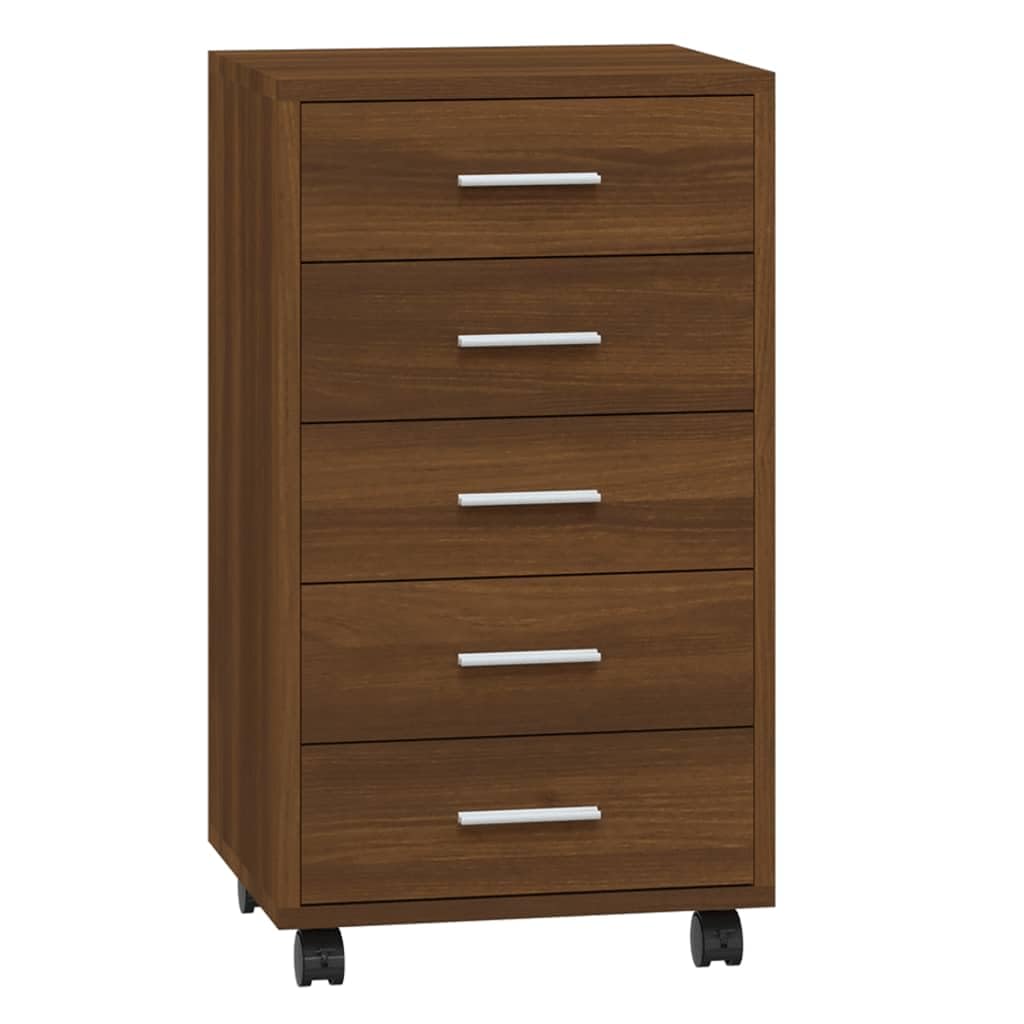 Cómoda con ruedas en aspecto de roble marrón, 33 x 38 x 63 cm, material de madera con 5 cajones y 4 ruedas, armario de oficina flexible, práctico armario de almacenamiento para oficina