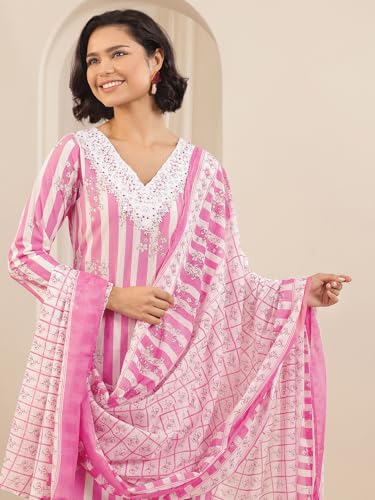 Image of Libas Womens Printed Cotton Straight Kurta With Trousers and Dupatta | daily wear suit