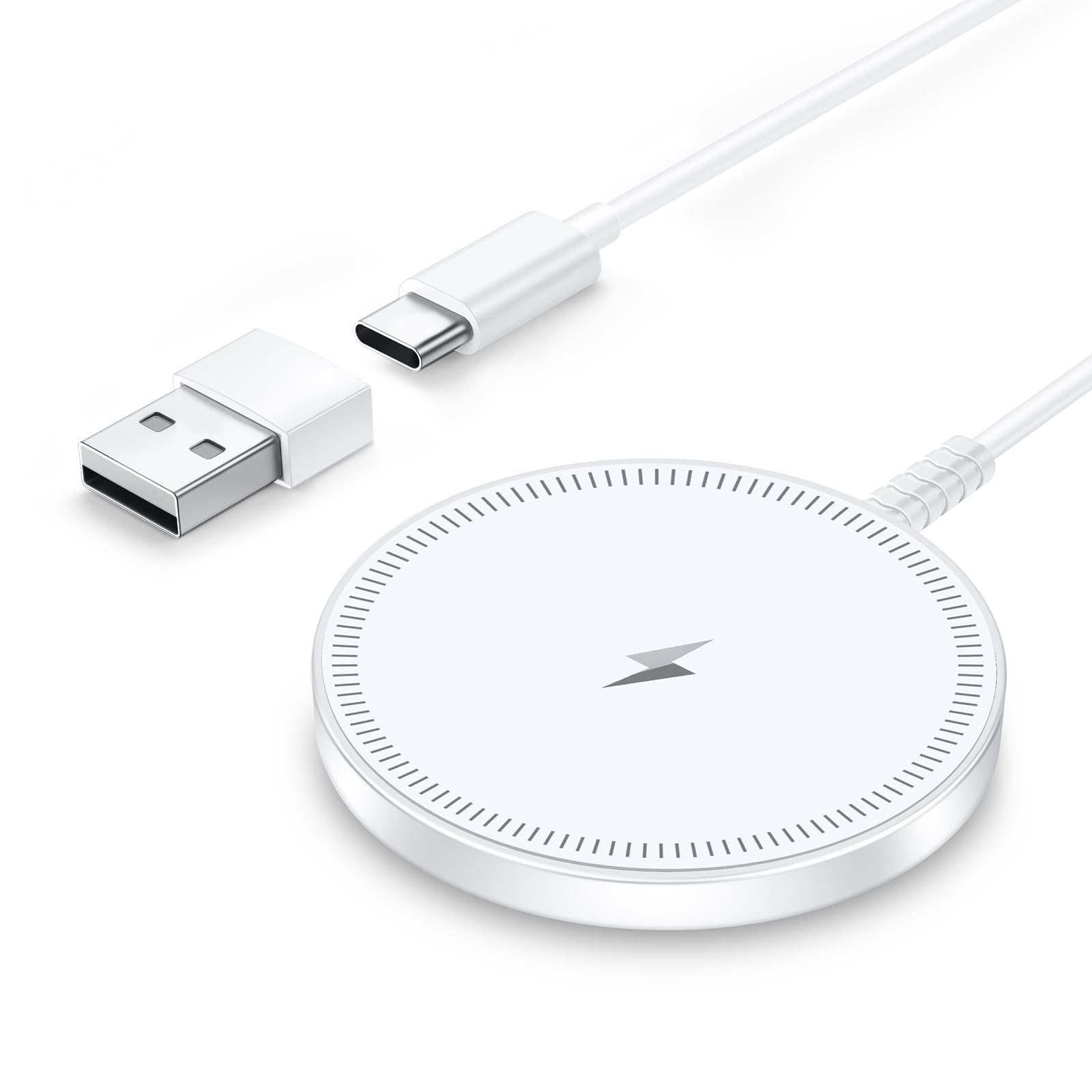 Close-up of the LMOYPD magnetic charger showcasing its slim profile and magnetic alignment feature.
