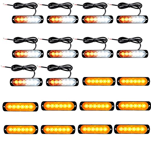 20pcs (10 Amber + 10 White) 6-LED Ultra Slim Emergency Warning Hazard Construction Flash Strobe Lights