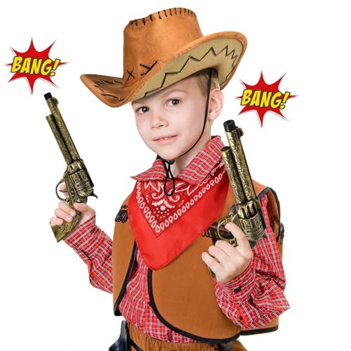 G.C 9 Pieces Cowboy Costume Accessories for Boys Girls Kids Hat Bandanna Metal Sheriff Badge Belt Holster Western Cowboy Outfit Kit for Halloween Party Dress Up Pretend Play - Image 2