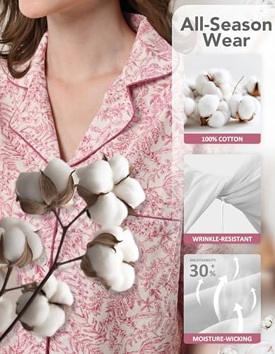 Image of NAP BOUND 100% Cotton Pajamas for Women 2 Piece PJs Set Long Sleeve Button Down Breathable Woven Sleepwear Loungewear XS-XXL